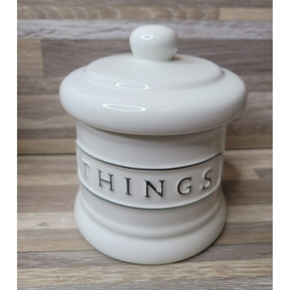 Pottery Barn Ceramic Text Bathroom Set Lotion Toothbrush Holder Canister Retired - Picture 3 of 14